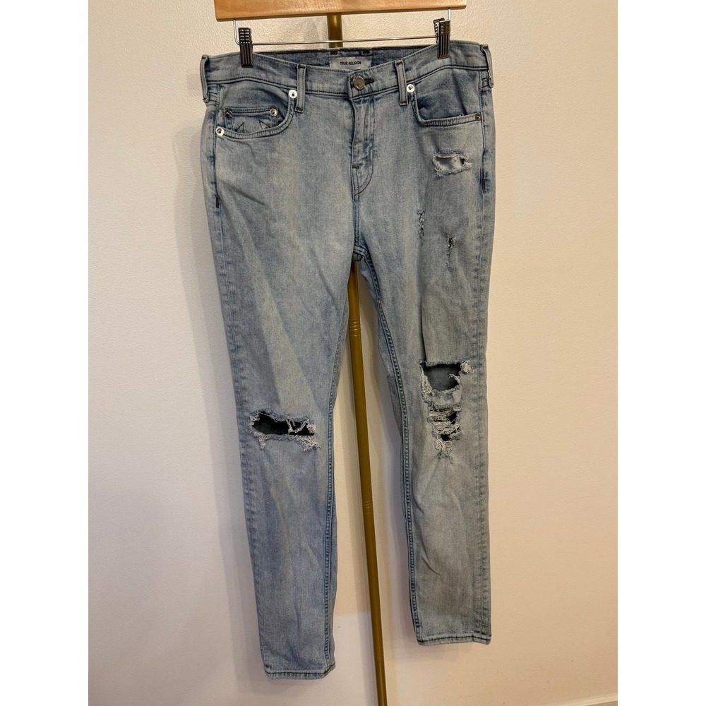True Religion,‎ Distressed Slim Jeans, Light Blue, Size 31W, Good, MSRP $179